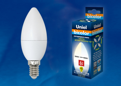Лампа LED C37 Свеча 6Вт 220В E14 Bicolor 3000К/4000К 450Лм Uniel 