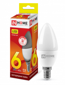 Лампа LED Свеча-VC 6Вт 230В Е14 3000К 480Лм (матовая) IN HOME 