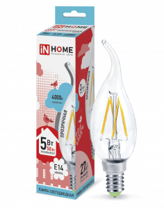 Лампа LED Свеча на ветру-deco 5Вт 230В Е14 4000К 450Лм (прозрачная) IN HOME