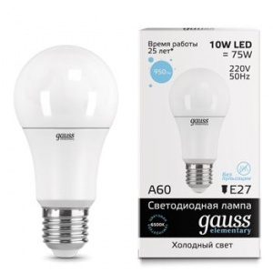 Лампа LED A60 10Вт 180-240В Е27 6500К 950Лм Elementary GAUSS